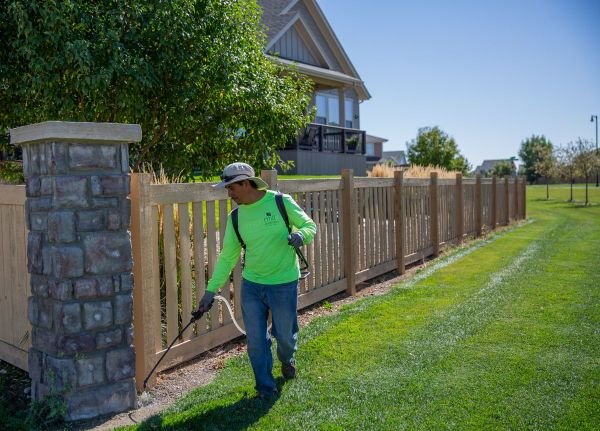 Mill Brothers crew member applying turf treatment along a community fence line